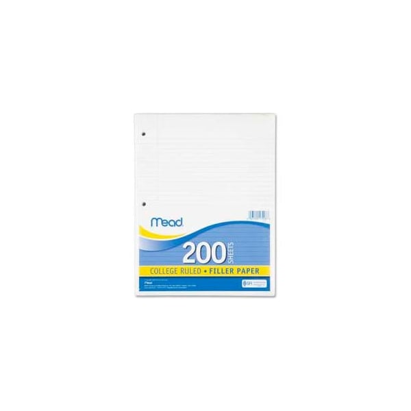 Mead Products Mead Filler Paper, 8-1/2" x 11", College Ruled, 3-Hole Punched, White, 200 Sheets/Pack 17208 - main